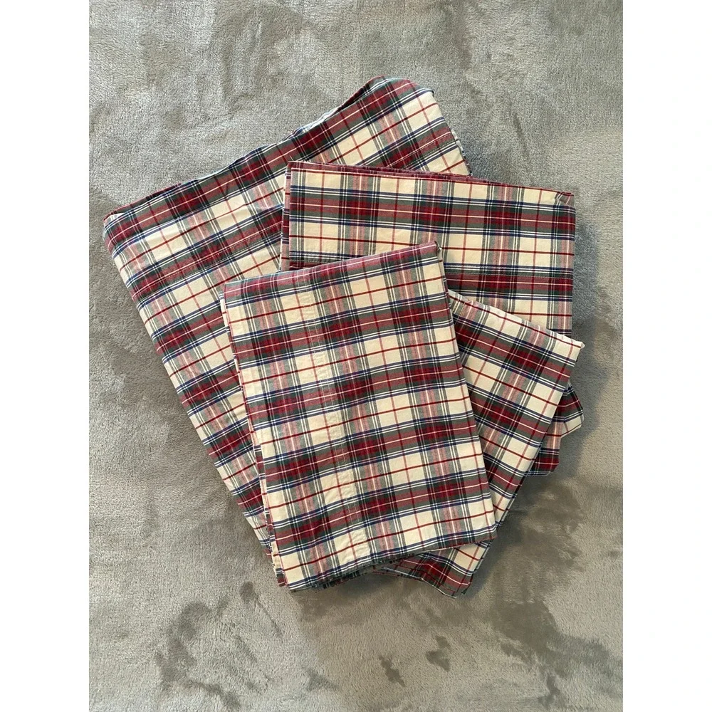 L.L. Bean Sheet Set King Red Plaid 1 Flat 1 King/2 Standard Pillowcases Cotton